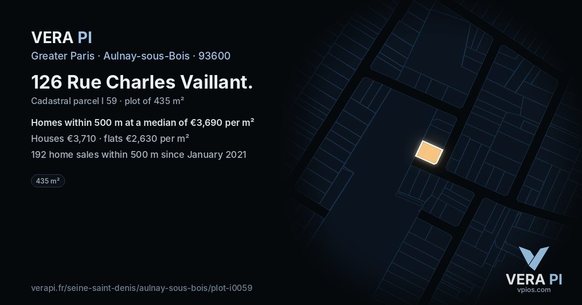 126 Rue Charles Vaillant, Aulnay-sous-Bois at night – the plot lit, the parcels around coloured by the prices near them