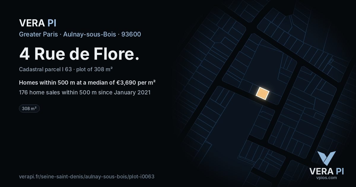 4 Rue de Flore, Aulnay-sous-Bois at night – the plot lit, the parcels around coloured by the prices near them