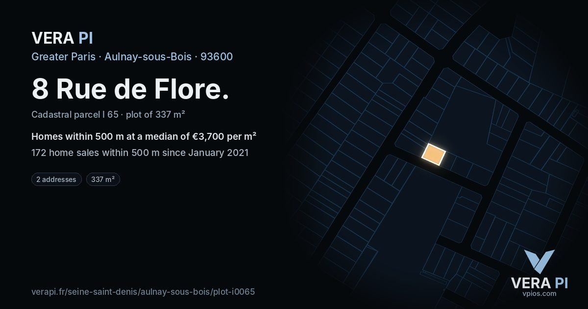 8 Rue de Flore, Aulnay-sous-Bois at night – the plot lit, the parcels around coloured by the prices near them