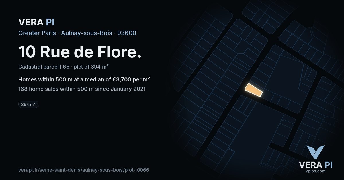 10 Rue de Flore, Aulnay-sous-Bois at night – the plot lit, the parcels around coloured by the prices near them