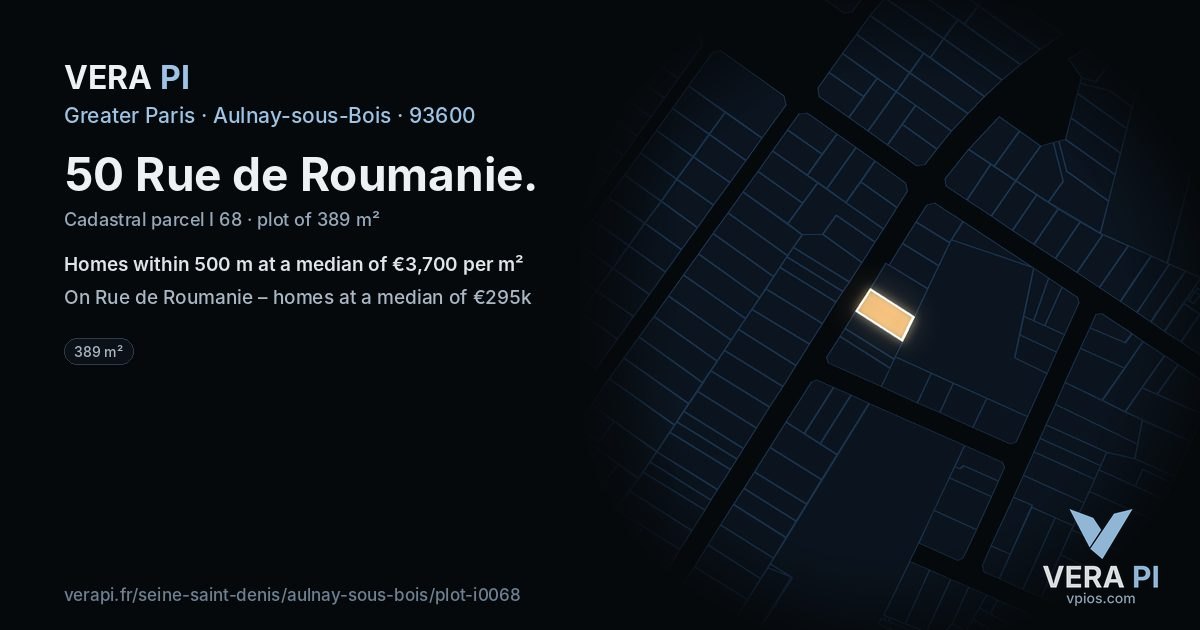 50 Rue de Roumanie, Aulnay-sous-Bois at night – the plot lit, the parcels around coloured by the prices near them