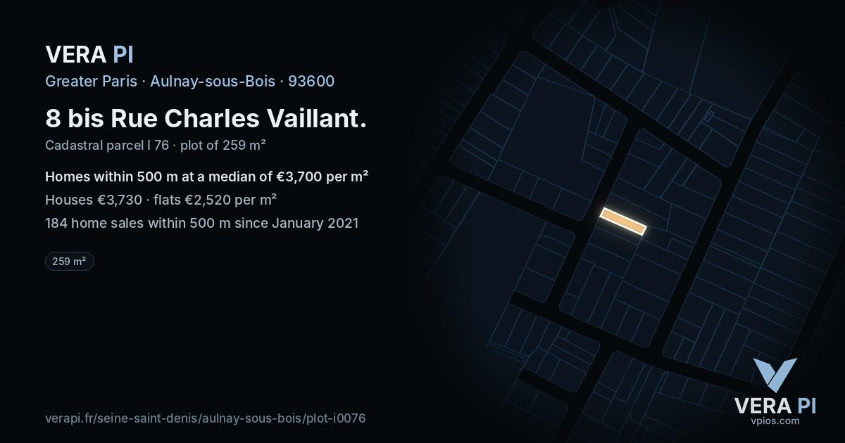 8 bis Rue Charles Vaillant, Aulnay-sous-Bois at night – the plot lit, the parcels around coloured by the prices near them