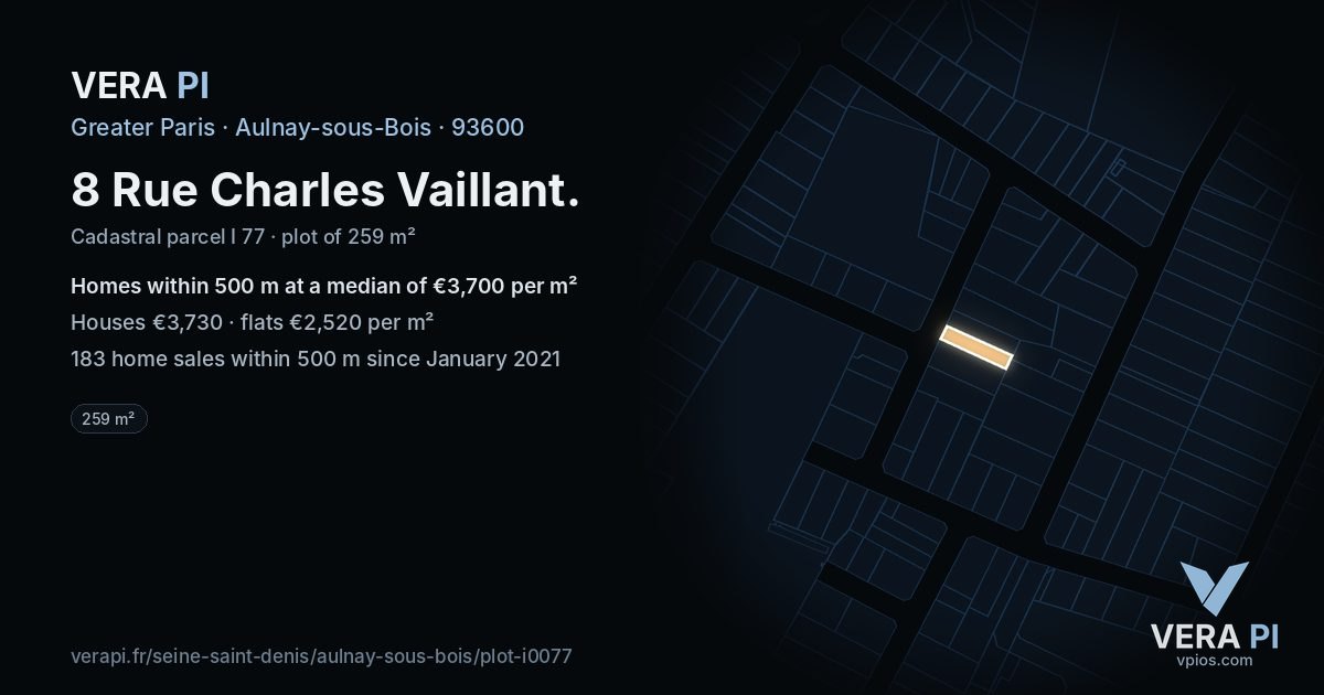 8 Rue Charles Vaillant, Aulnay-sous-Bois at night – the plot lit, the parcels around coloured by the prices near them