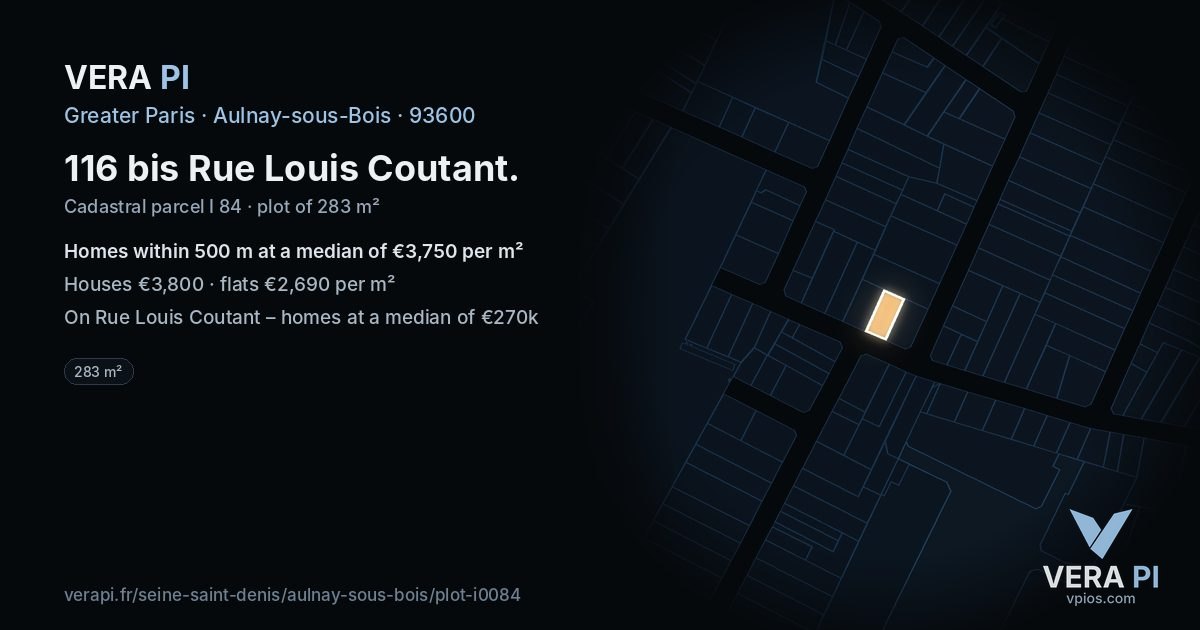 116 bis Rue Louis Coutant, Aulnay-sous-Bois at night – the plot lit, the parcels around coloured by the prices near them