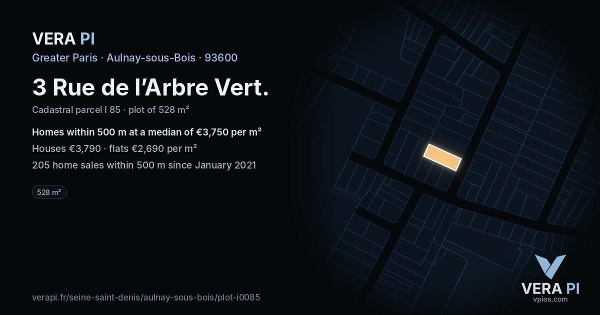 3 Rue de l’Arbre Vert, Aulnay-sous-Bois at night – the plot lit, the parcels around coloured by the prices near them