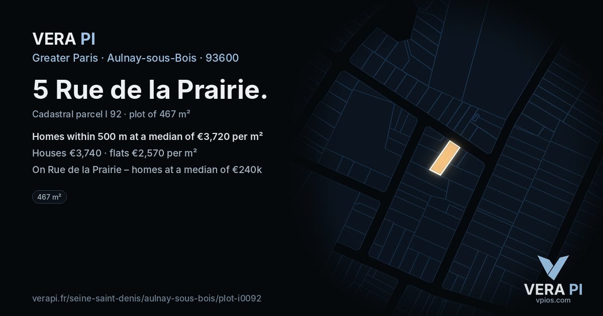 5 Rue de la Prairie, Aulnay-sous-Bois at night – the plot lit, the parcels around coloured by the prices near them