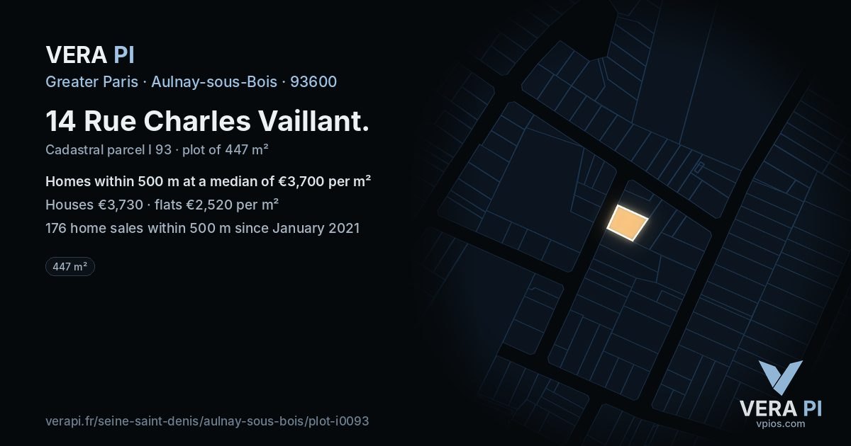 14 Rue Charles Vaillant, Aulnay-sous-Bois at night – the plot lit, the parcels around coloured by the prices near them