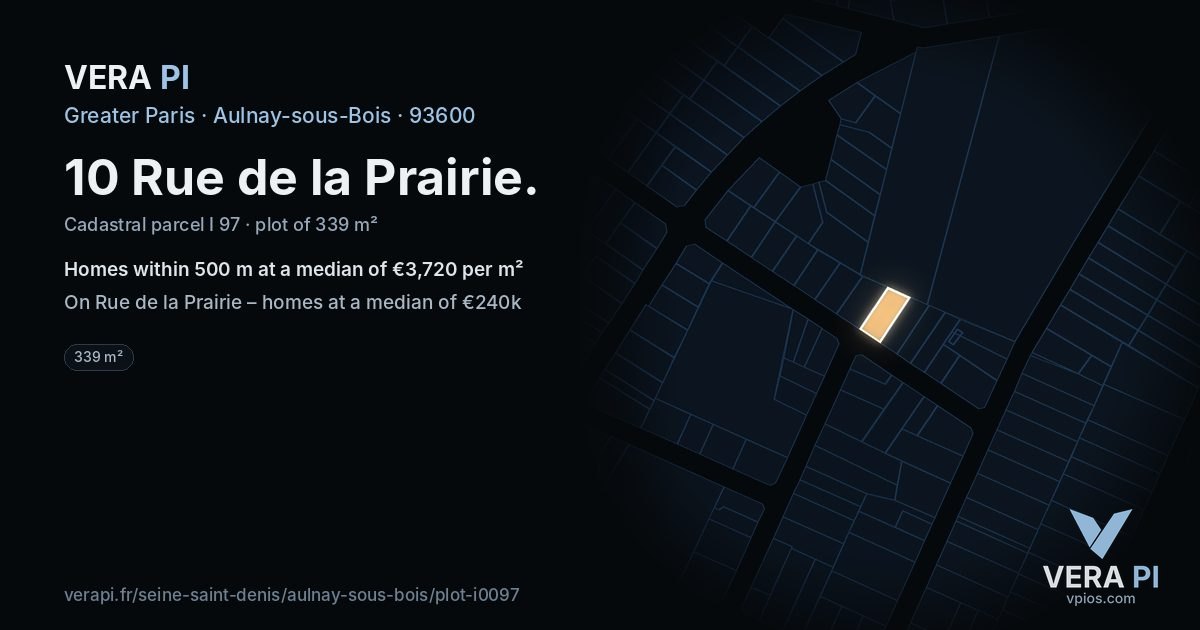 10 Rue de la Prairie, Aulnay-sous-Bois at night – the plot lit, the parcels around coloured by the prices near them