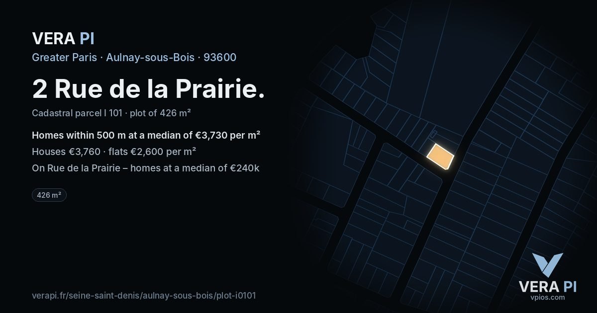 2 Rue de la Prairie, Aulnay-sous-Bois at night – the plot lit, the parcels around coloured by the prices near them