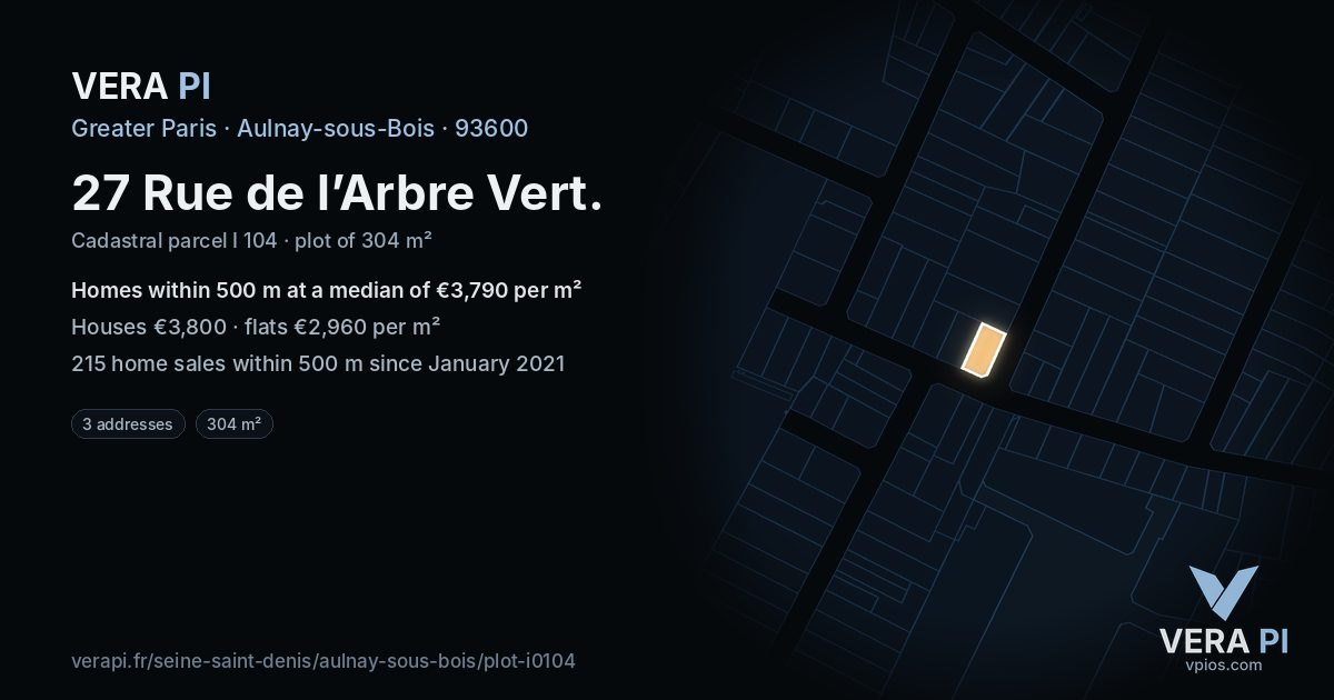 27 Rue de l’Arbre Vert, Aulnay-sous-Bois at night – the plot lit, the parcels around coloured by the prices near them