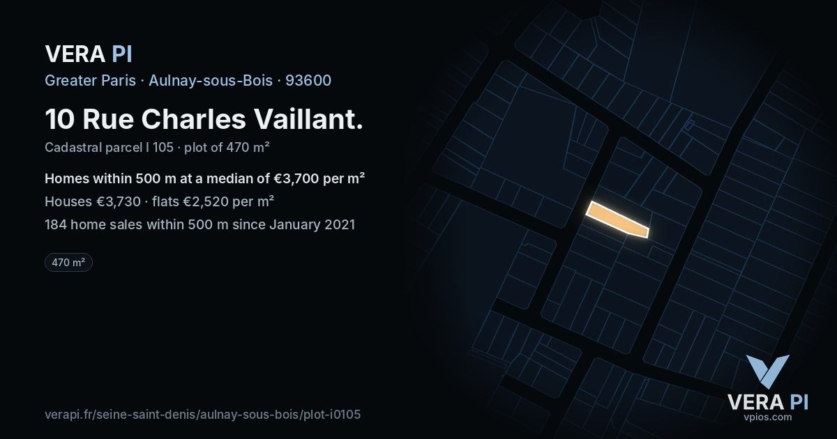 10 Rue Charles Vaillant, Aulnay-sous-Bois at night – the plot lit, the parcels around coloured by the prices near them