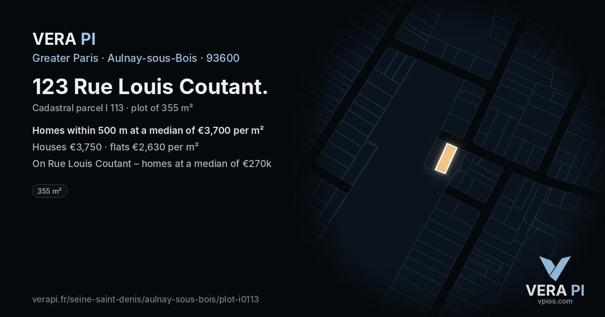 123 Rue Louis Coutant, Aulnay-sous-Bois at night – the plot lit, the parcels around coloured by the prices near them