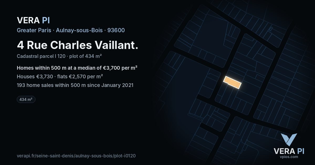 4 Rue Charles Vaillant, Aulnay-sous-Bois at night – the plot lit, the parcels around coloured by the prices near them