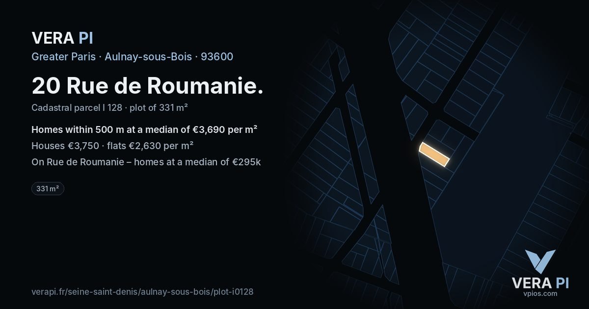 20 Rue de Roumanie, Aulnay-sous-Bois at night – the plot lit, the parcels around coloured by the prices near them