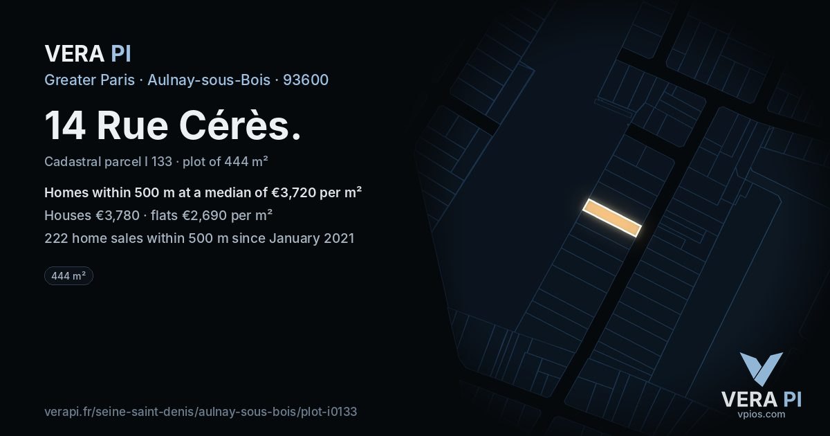 14 Rue Cérès, Aulnay-sous-Bois at night – the plot lit, the parcels around coloured by the prices near them