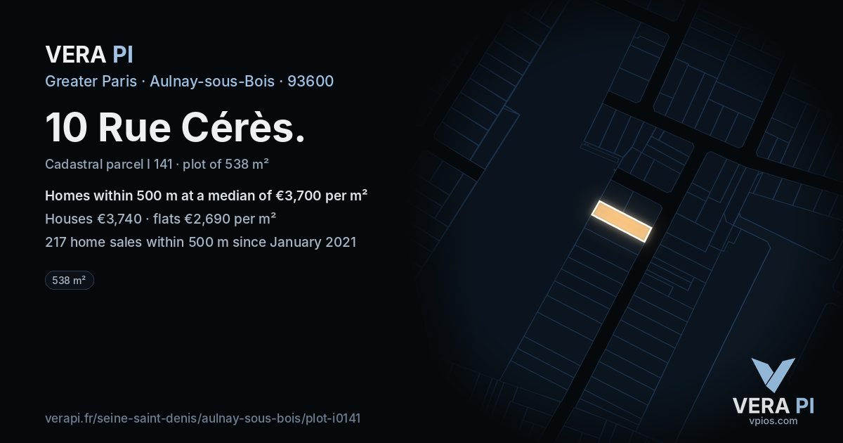 10 Rue Cérès, Aulnay-sous-Bois at night – the plot lit, the parcels around coloured by the prices near them