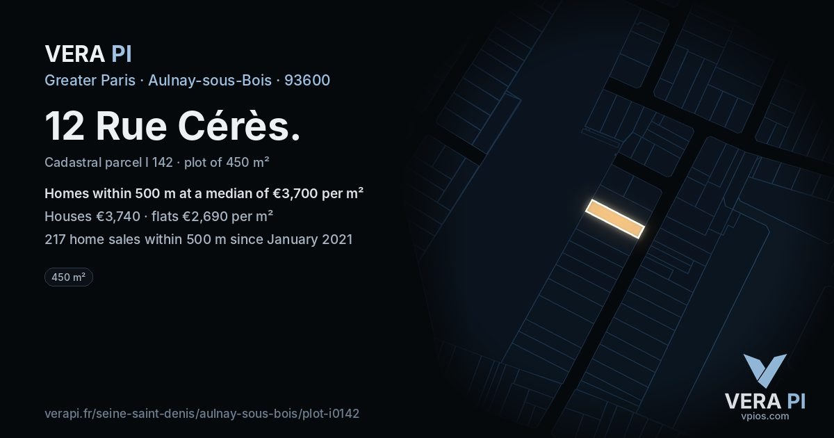 12 Rue Cérès, Aulnay-sous-Bois at night – the plot lit, the parcels around coloured by the prices near them