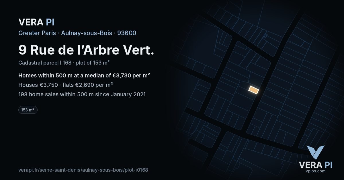 9 Rue de l’Arbre Vert, Aulnay-sous-Bois at night – the plot lit, the parcels around coloured by the prices near them