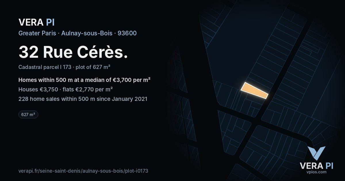32 Rue Cérès, Aulnay-sous-Bois at night – the plot lit, the parcels around coloured by the prices near them