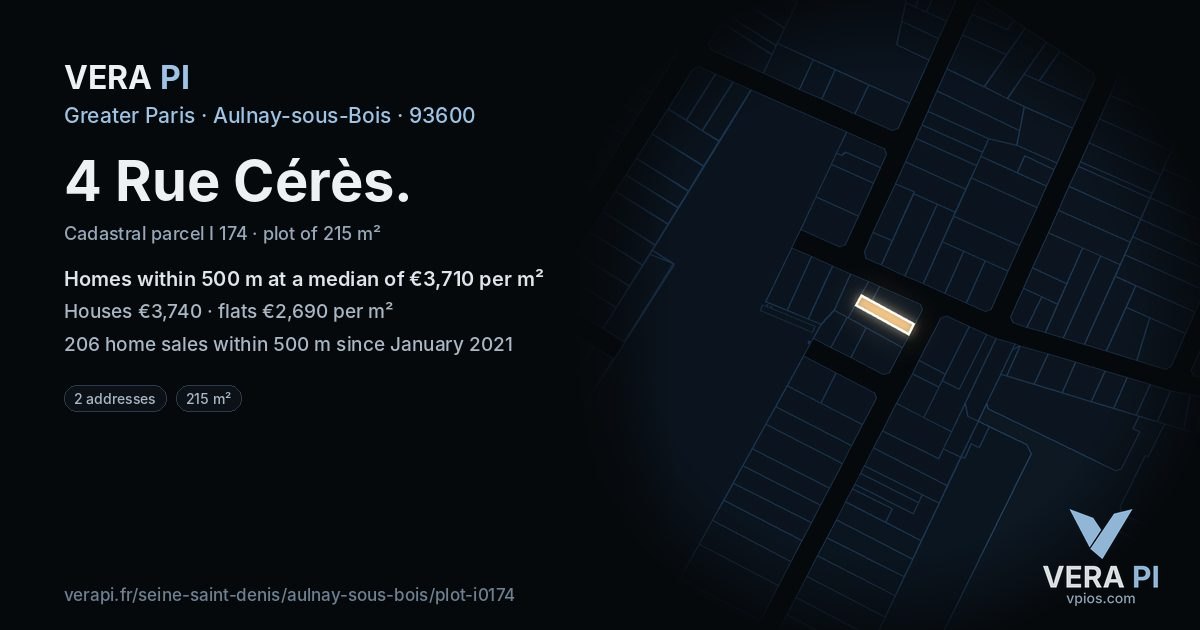 4 Rue Cérès, Aulnay-sous-Bois at night – the plot lit, the parcels around coloured by the prices near them