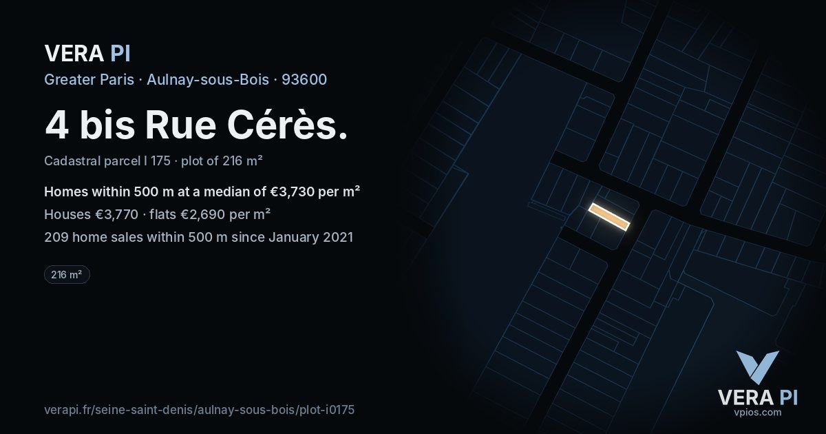 4 bis Rue Cérès, Aulnay-sous-Bois at night – the plot lit, the parcels around coloured by the prices near them