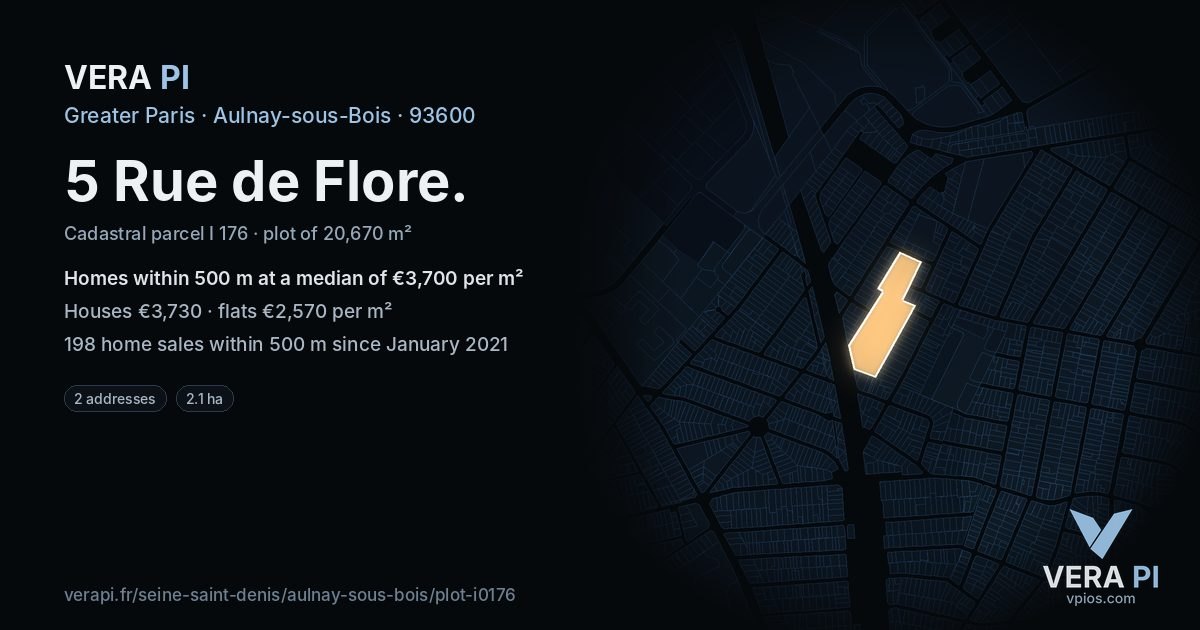 5 Rue de Flore, Aulnay-sous-Bois at night – the plot lit, the parcels around coloured by the prices near them