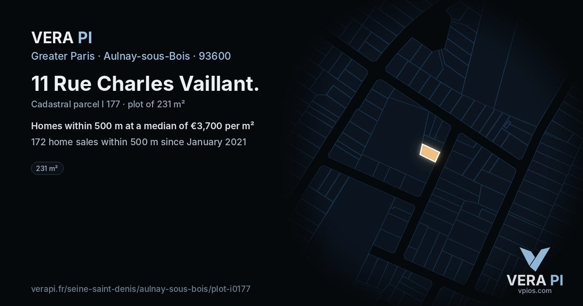 11 Rue Charles Vaillant, Aulnay-sous-Bois at night – the plot lit, the parcels around coloured by the prices near them