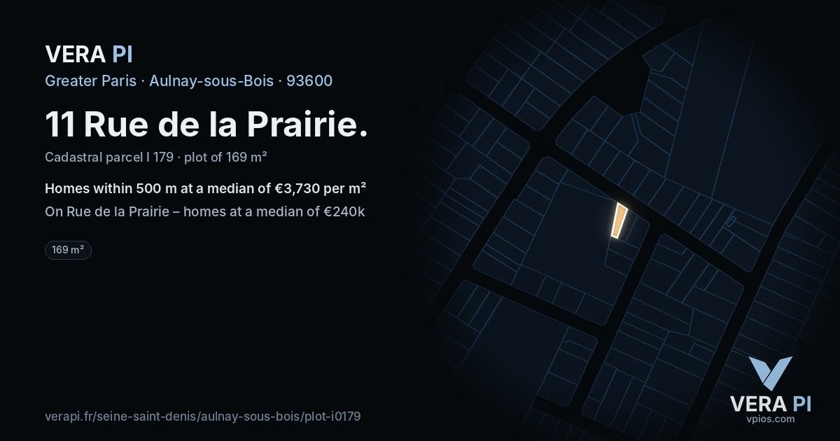 11 Rue de la Prairie, Aulnay-sous-Bois at night – the plot lit, the parcels around coloured by the prices near them