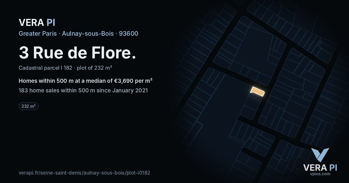 3 Rue de Flore, Aulnay-sous-Bois at night – the plot lit, the parcels around coloured by the prices near them
