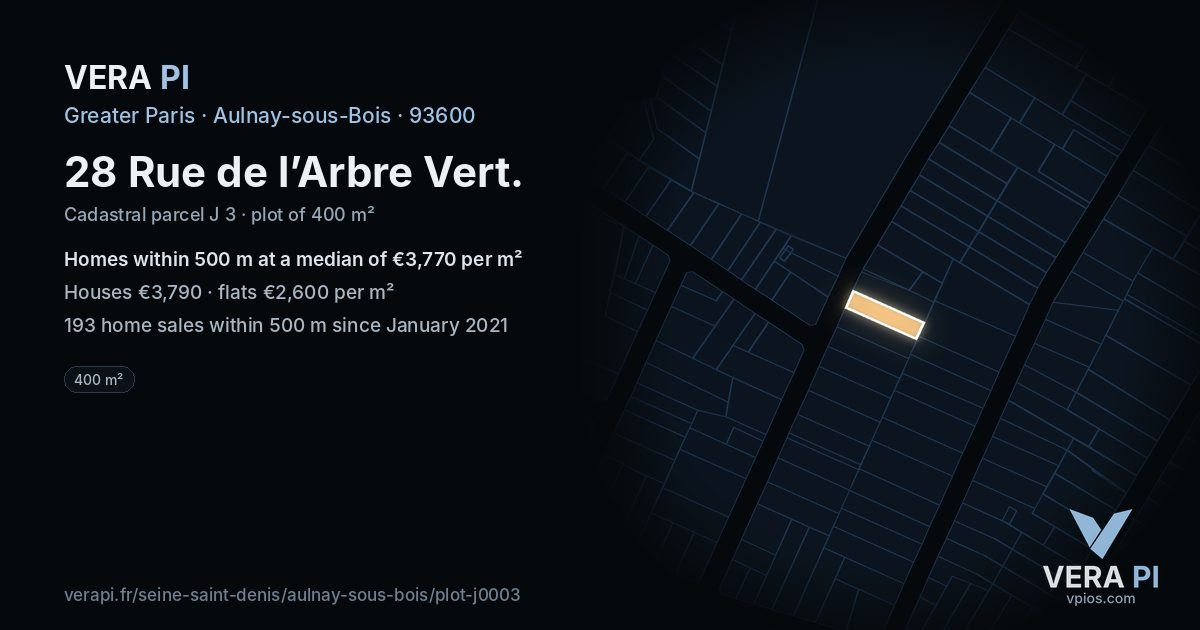 28 Rue de l’Arbre Vert, Aulnay-sous-Bois at night – the plot lit, the parcels around coloured by the prices near them