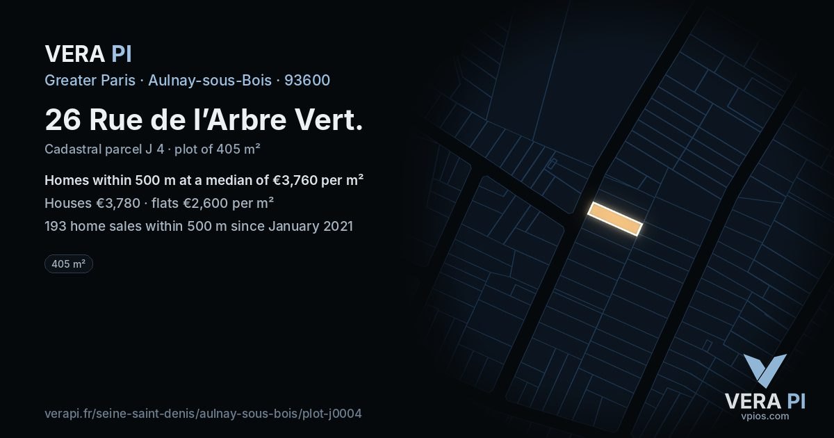 26 Rue de l’Arbre Vert, Aulnay-sous-Bois at night – the plot lit, the parcels around coloured by the prices near them