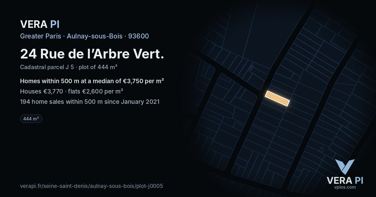 24 Rue de l’Arbre Vert, Aulnay-sous-Bois at night – the plot lit, the parcels around coloured by the prices near them