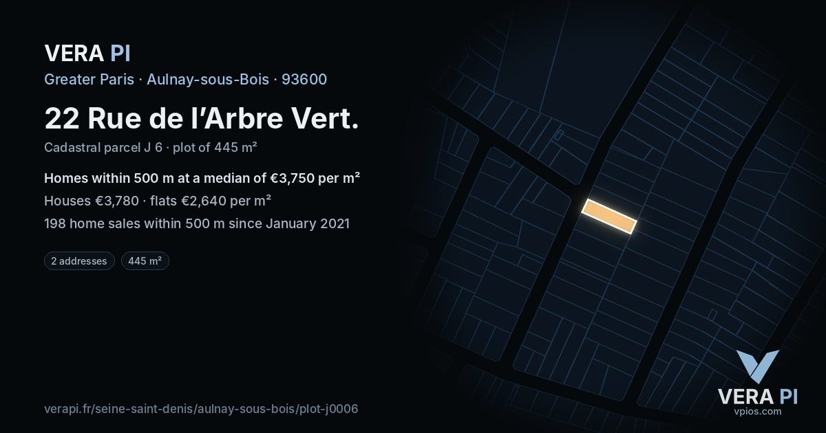 22 Rue de l’Arbre Vert, Aulnay-sous-Bois at night – the plot lit, the parcels around coloured by the prices near them
