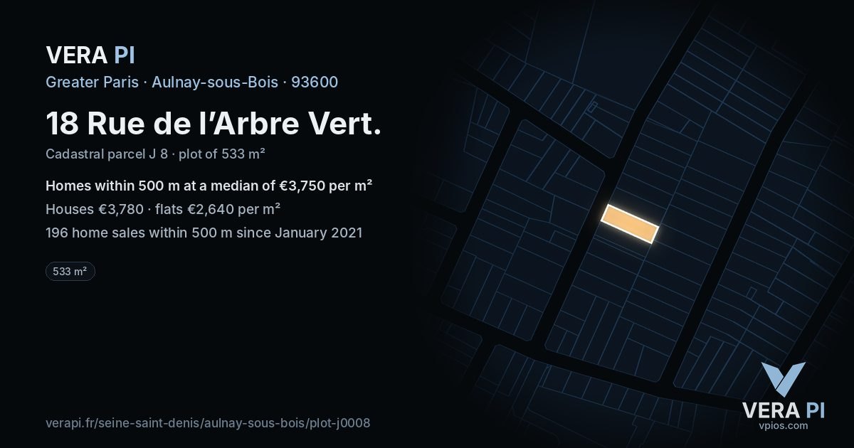 18 Rue de l’Arbre Vert, Aulnay-sous-Bois at night – the plot lit, the parcels around coloured by the prices near them