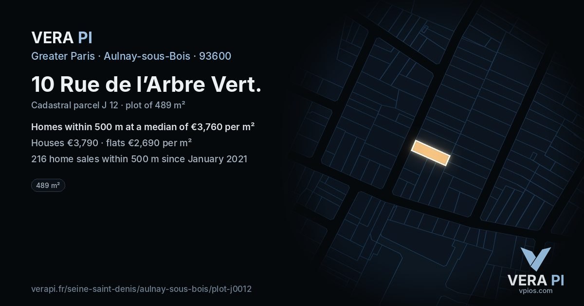 10 Rue de l’Arbre Vert, Aulnay-sous-Bois at night – the plot lit, the parcels around coloured by the prices near them