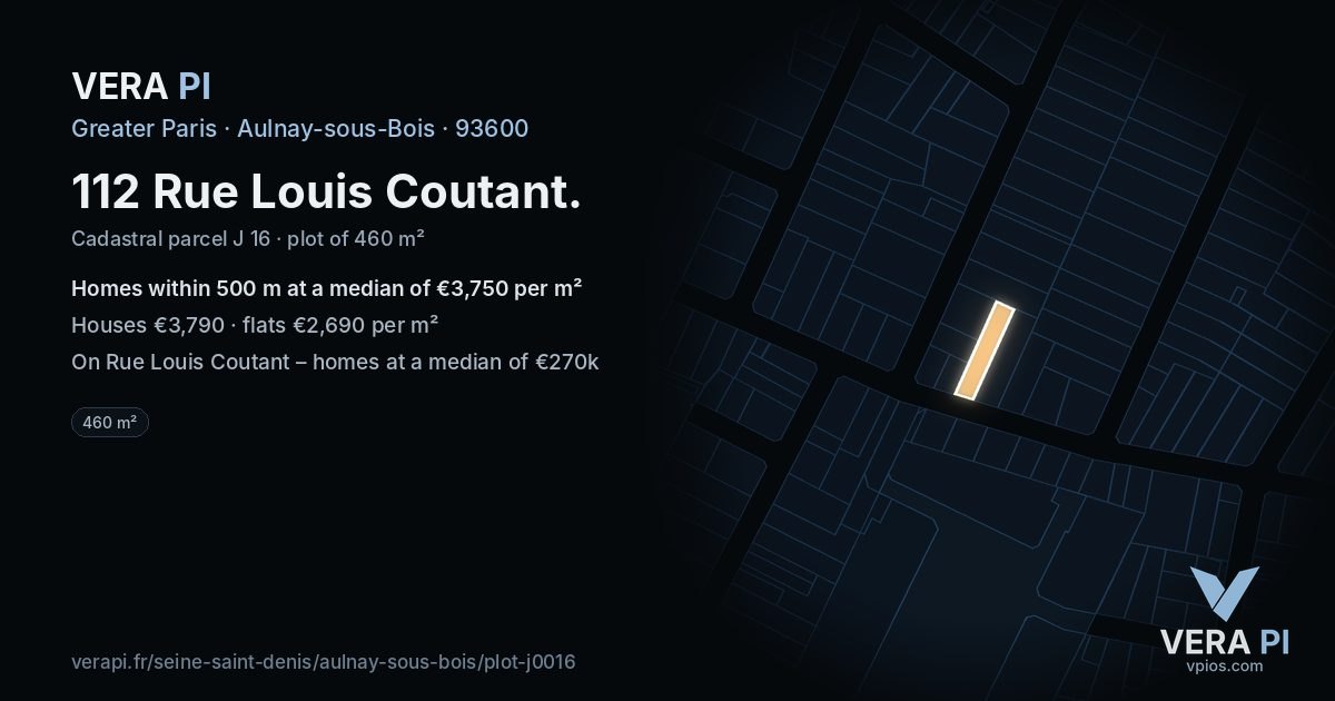 112 Rue Louis Coutant, Aulnay-sous-Bois at night – the plot lit, the parcels around coloured by the prices near them