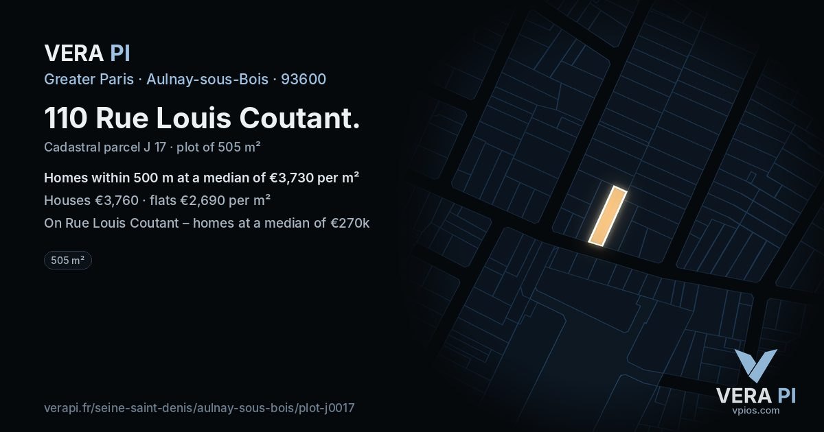 110 Rue Louis Coutant, Aulnay-sous-Bois at night – the plot lit, the parcels around coloured by the prices near them