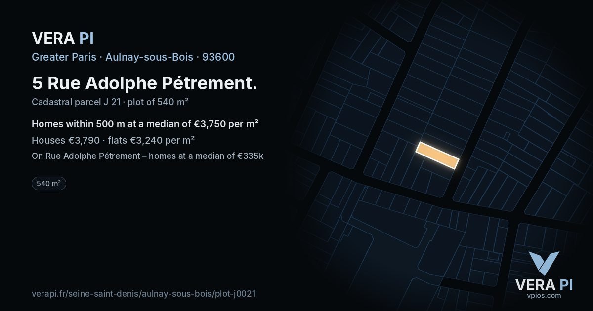 5 Rue Adolphe Pétrement, Aulnay-sous-Bois at night – the plot lit, the parcels around coloured by the prices near them