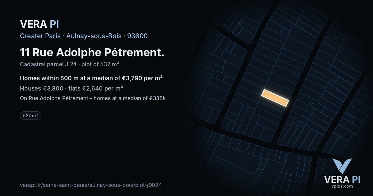 11 Rue Adolphe Pétrement, Aulnay-sous-Bois at night – the plot lit, the parcels around coloured by the prices near them