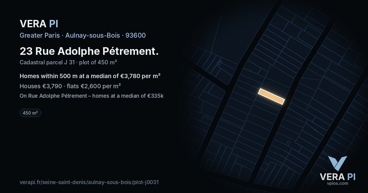 23 Rue Adolphe Pétrement, Aulnay-sous-Bois at night – the plot lit, the parcels around coloured by the prices near them