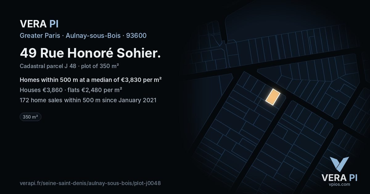 49 Rue Honoré Sohier, Aulnay-sous-Bois at night – the plot lit, the parcels around coloured by the prices near them