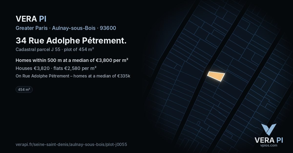 34 Rue Adolphe Pétrement, Aulnay-sous-Bois at night – the plot lit, the parcels around coloured by the prices near them