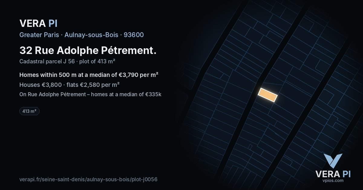32 Rue Adolphe Pétrement, Aulnay-sous-Bois at night – the plot lit, the parcels around coloured by the prices near them
