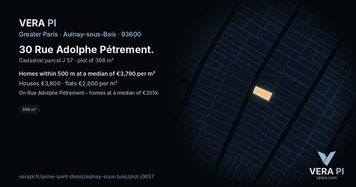 30 Rue Adolphe Pétrement, Aulnay-sous-Bois at night – the plot lit, the parcels around coloured by the prices near them