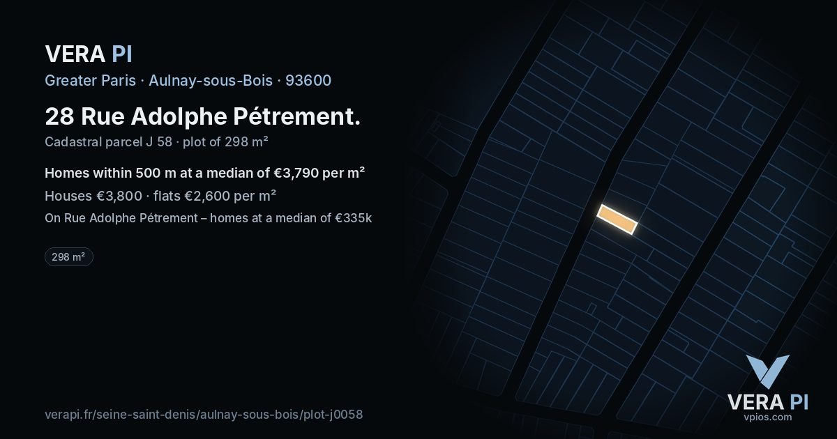 28 Rue Adolphe Pétrement, Aulnay-sous-Bois at night – the plot lit, the parcels around coloured by the prices near them