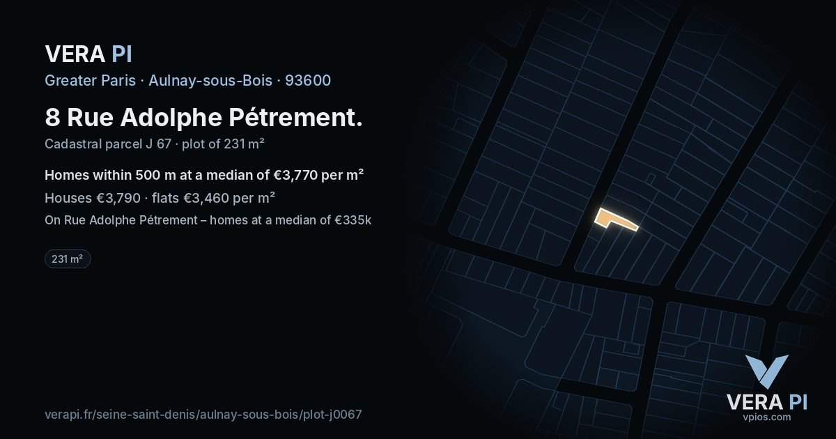 8 Rue Adolphe Pétrement, Aulnay-sous-Bois at night – the plot lit, the parcels around coloured by the prices near them