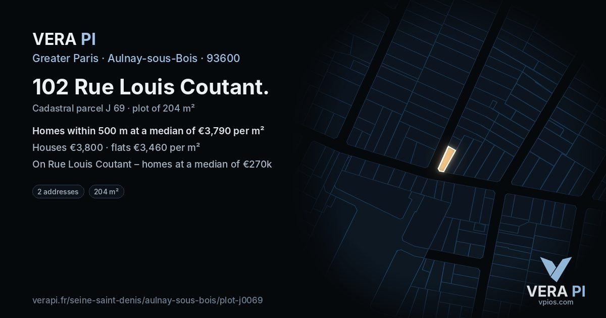 102 Rue Louis Coutant, Aulnay-sous-Bois at night – the plot lit, the parcels around coloured by the prices near them