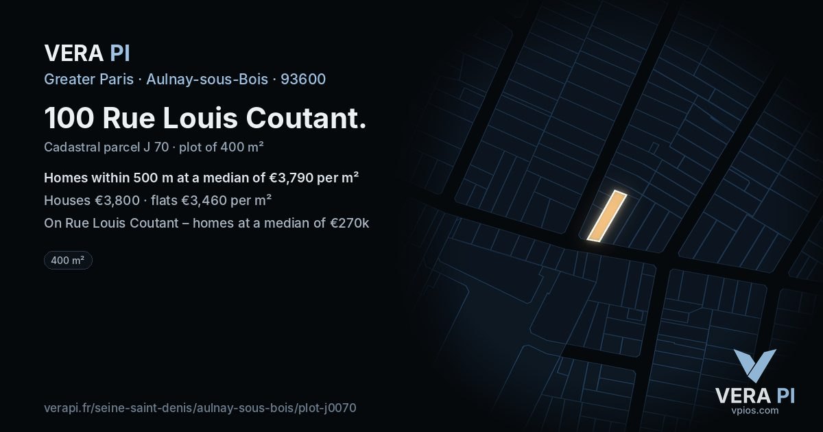 100 Rue Louis Coutant, Aulnay-sous-Bois at night – the plot lit, the parcels around coloured by the prices near them
