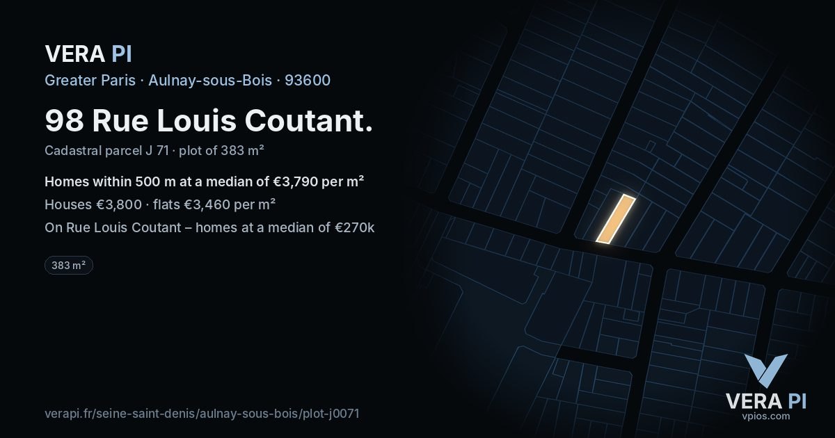 98 Rue Louis Coutant, Aulnay-sous-Bois at night – the plot lit, the parcels around coloured by the prices near them