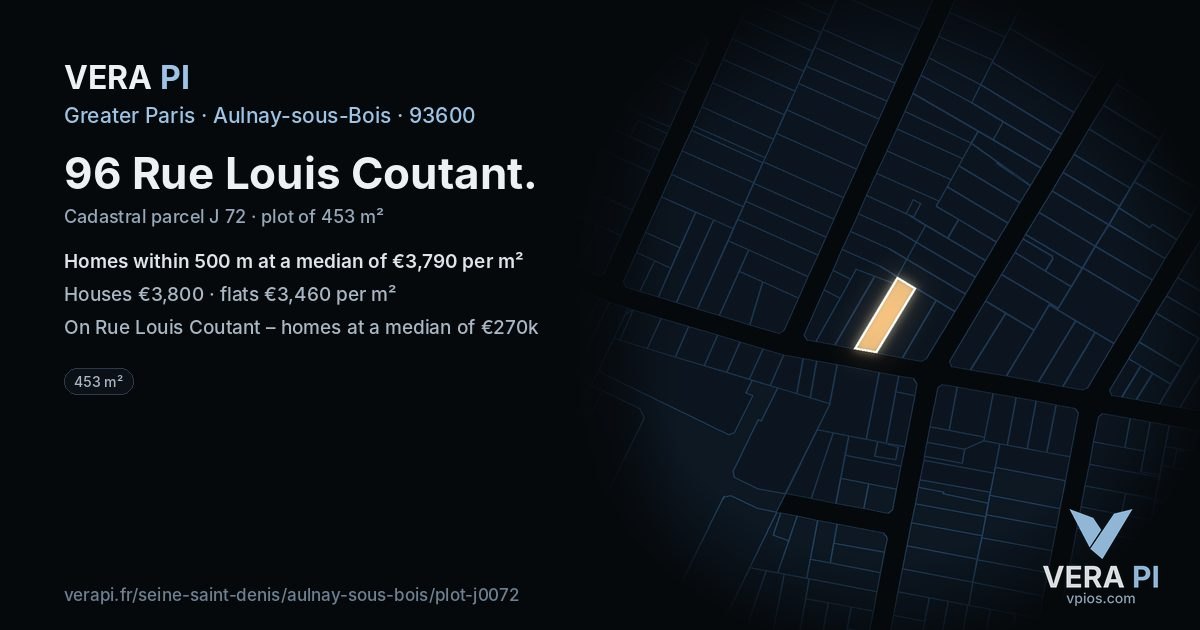 96 Rue Louis Coutant, Aulnay-sous-Bois at night – the plot lit, the parcels around coloured by the prices near them